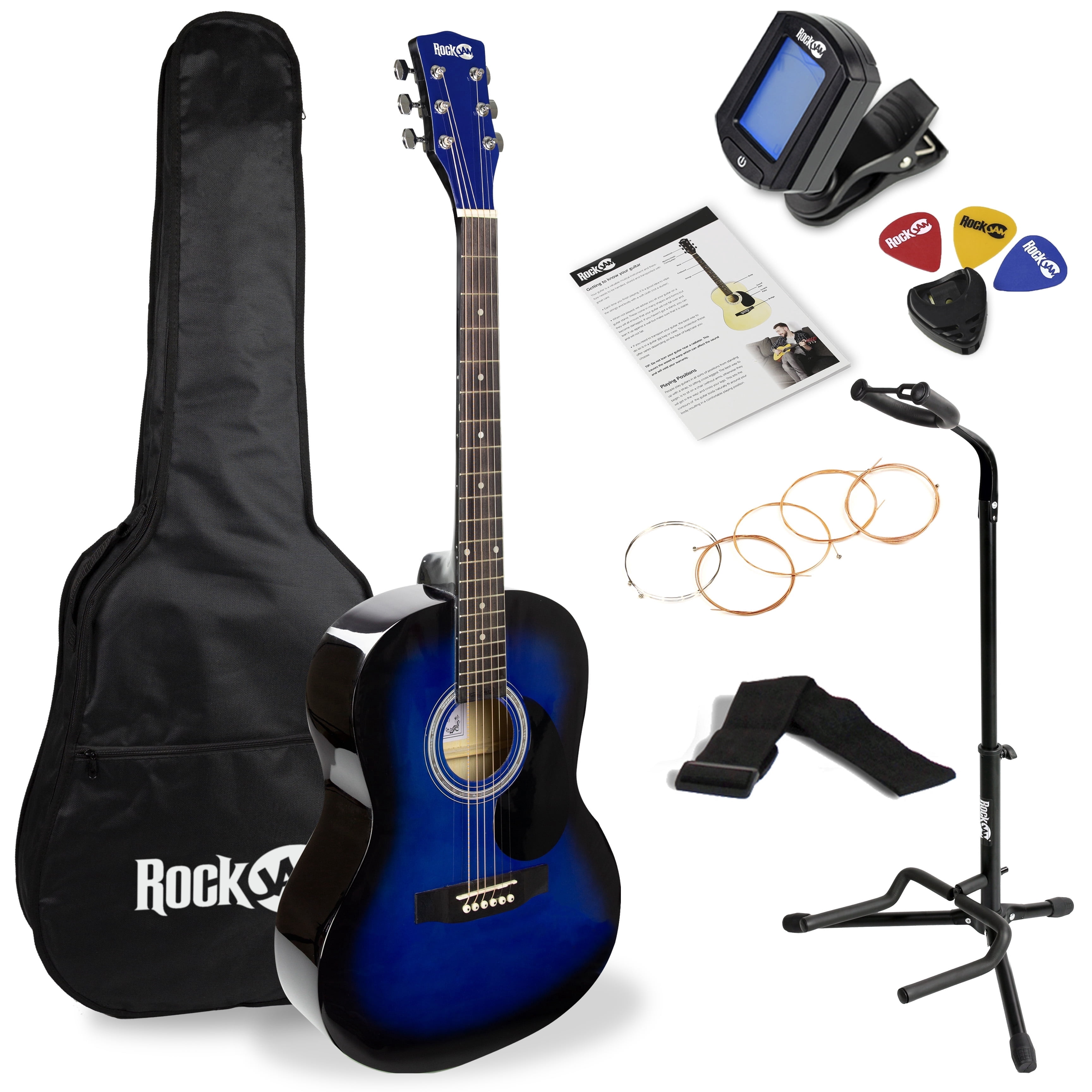 RockJam Blue Full-Size Dreadnought Acoustic Guitar Kit with Tuner, Bag, Stand & Lessons