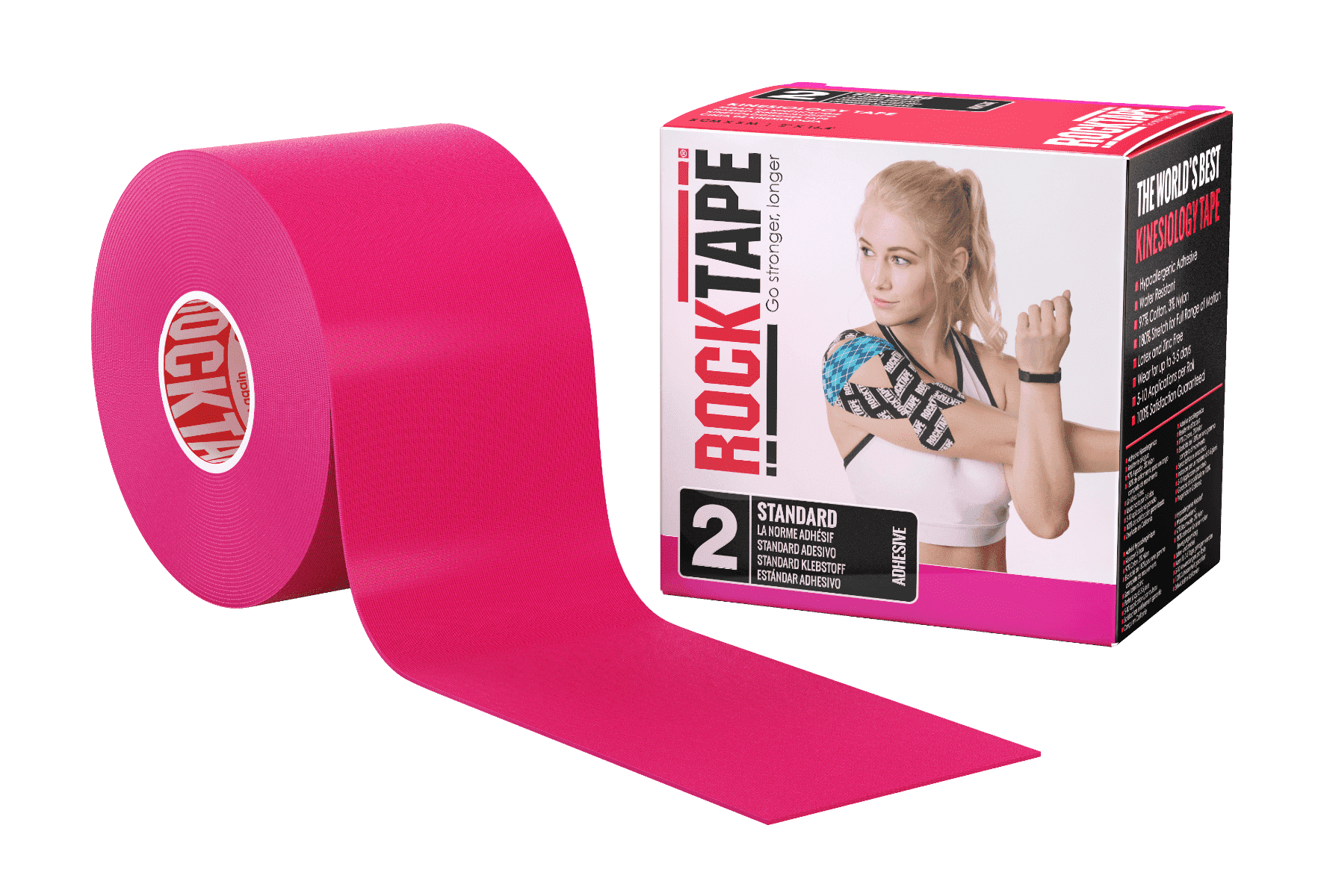 RockTape Kinesiology Tape, Water Resistant, Reduce Pain & Injury Recovery, 2" x 16.4 Feet, Pink