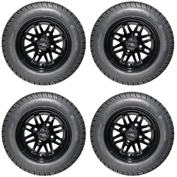 RockTrix 10 inch Golf Cart Wheels Tires Combo Kit, RT103 Gloss Black 10x7 Rims 205/50-10 Low Profile Tires, No Lift Kit Required, Fits Club Car Precedent EZGO TXT RXV Yamaha G1-G29, Set of 4
