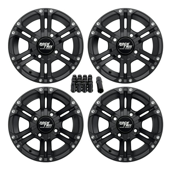 RockTrix RT101 12in ATV Wheels 4x110 Rims, 12x7, 5+2 F and 2+5 R Offset, Includes 10x1.25 Lug Nuts - Compatible with SRA Honda Foreman 400 450 500, Rancher 350 400 420 Solid Rear Axle (Set of 4)