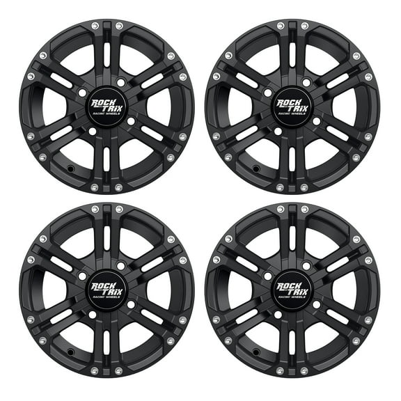 RockTrix RT101 4pc 12in ATV Wheels 4x110 Rims, 12x7, 5+2 Offset, For ATV UTV with IRS (Independent Rear Suspension), Compatible with Bombardier Honda Kawasaki Yamaha Suzuki 4/110 (Set of 4)