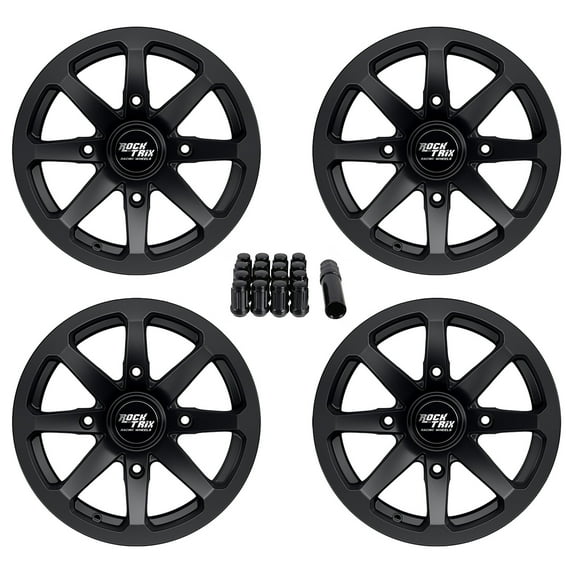 RockTrix RT102 14in ATV Wheels Rims 14x7 Black 4x137, 5+2 Offset, includes 10x1.25 Spline Lug nuts,  Compatible with Bombardier Can-Am Maverick Commander Renegade Outlander 4/137 (Set of 4)