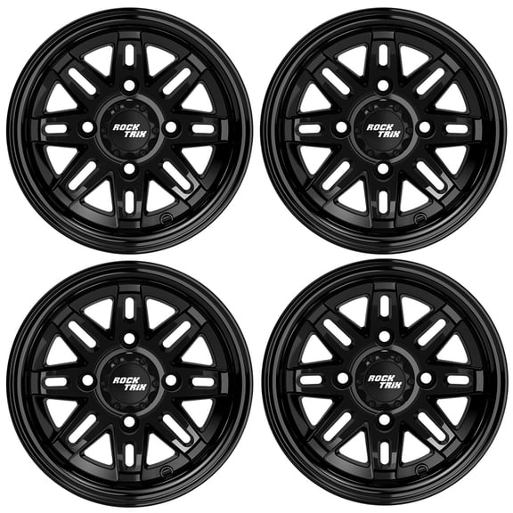 RockTrix RT103 10 inch Golf Cart Wheels, 10x7 Gloss Black Rims, Compatible with Club Car EZGO and for Yamaha Golf Carts, 4x4 4x101.6 Bolt Pattern, Set of 4