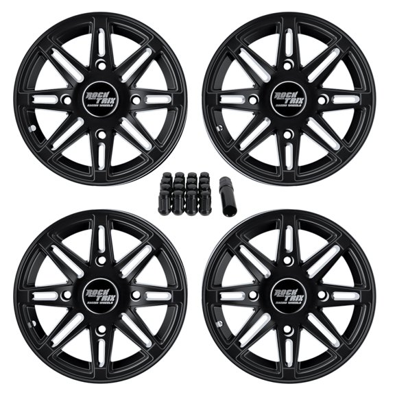 RockTrix RT103 14in ATV Wheels Rims 14x7 Black 4x137, 5+2 Offset, includes 10x1.25 Spline Lug nuts,  Compatible with Bombardier Can-Am Maverick Commander Renegade Outlander 4/137 (Set of 4)