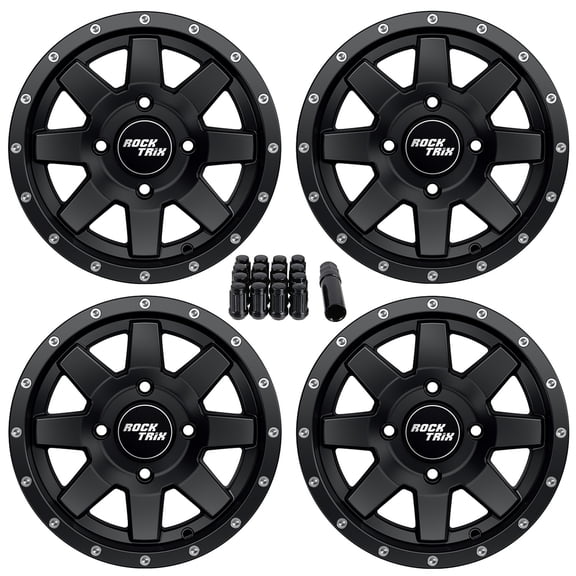 RockTrix RT106 12in ATV Wheels 4x156 Rims, 12x7, 4+3 Offset, Includes 3/8x24 Spline Lug nuts, Compatible with Polaris Sportsman RZR Ranger UTV - 4/156 (Set of 4)
