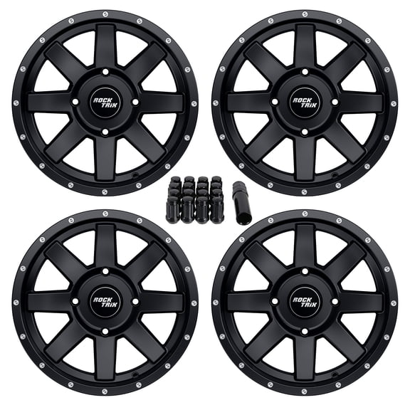 RockTrix RT106 15in ATV Wheels 4x156 Rims, 15x7, 4+3 Offset, Includes 12x1.5 Spline Lug nuts, Compatible with Polaris General Ranger Crew, XP RZR UTV, 4/156, Set of 4