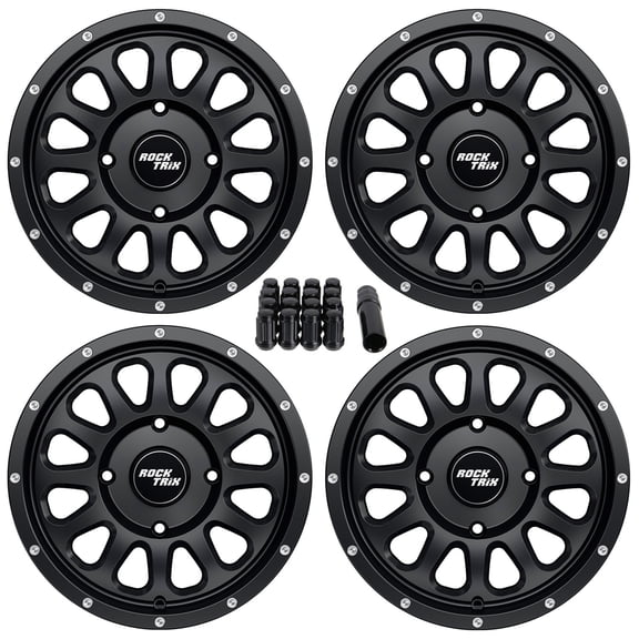 RockTrix RT111 14x7 4x110 14 inch Wheels for ATV UTV SxS IRS, 4/110 Rims +30mm Offset (5+2), 10x1.25 Nuts, Fits Honda Rancher Rincon Yamaha Grizzly Kodiak Rhino, Fits Suzuki King Quad, Matte Black