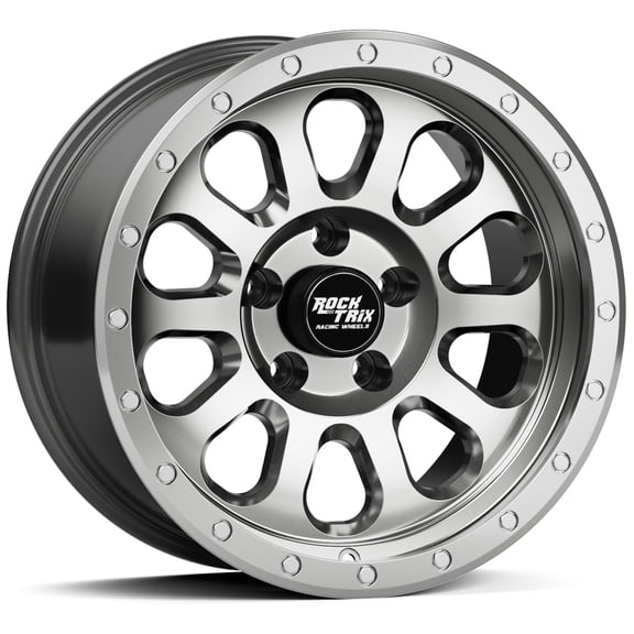 RockTrix RT111 17 inch Wheel Compatible with Jeep Wrangler JK JL 17x9 5x5 Wheels (-12mm Offset, 4.5in Backspace) 5x5 PCD, 71.5mm Bore, Gunmetal Polished Wheels, Also fits Gladiator JT Rims