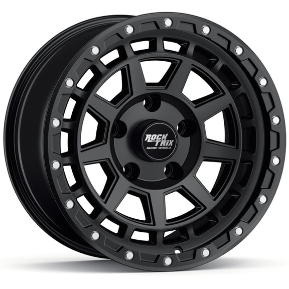 RockTrix RT114 17 inch Wheel Compatible with Jeep Wrangler JK JL 17x9 5x5 Wheels (-12mm Offset, 4.5in Backspace) 5x5 PCD, 71.5mm Bore, Black Wheels, Also fits Gladiator JT Rims