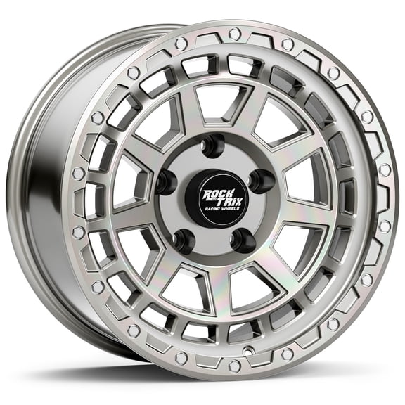 RockTrix RT114 17 inch Wheel Compatible with Jeep Wrangler JK JL 17x9 5x5 Wheels (-12mm Offset, 4.5in Backspace) 5x5 PCD, 71.5mm Bore, Silver Polished Wheels, Also fits Gladiator JT Rims