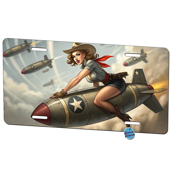 Rockabilly Patriotic Pin-Up Cowgirl Riding Bomb Funny Metal Novelty License Plate