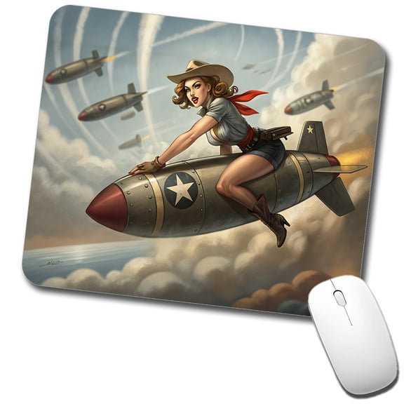 Rockabilly Patriotic Pin-Up Cowgirl Riding Bomb Funny Mouse Pad Low Profile Gaming Mat