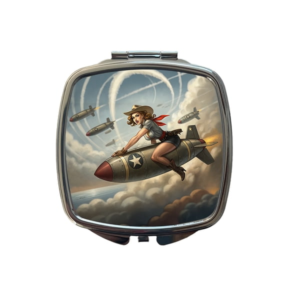 Rockabilly Patriotic Pin-Up Cowgirl Riding Bomb Funny Travel Makeup Handbag Purse Small Pocket Compact Mirror