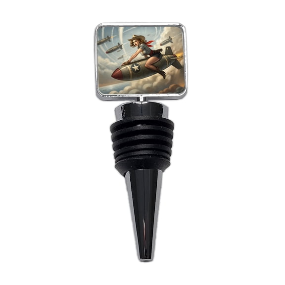 Rockabilly Patriotic Pin-Up Cowgirl Riding Bomb Funny Wine Bottle Stopper Cap Plug