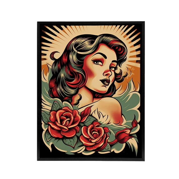 Rockabilly Pin Up Girl and Roses Tattoo Style Black Framed Canvas Art 12X16"