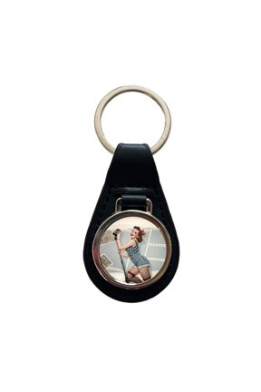 Rockabilly Retro 50's Pin-Up Girl Metal Black Leather Keychain