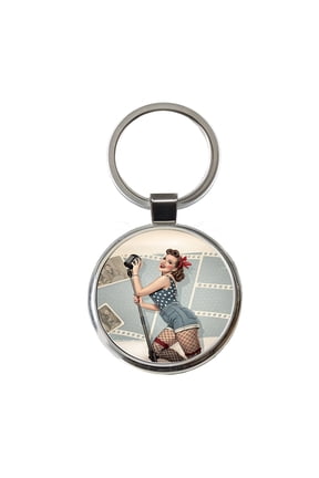Rockabilly Retro 50's Pin-Up Girl Metal Round Keychain
