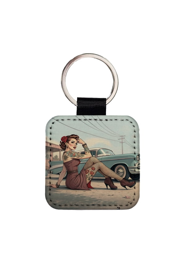 Rockabilly Retro 50's Pin-Up Girl With Tattoos Faux Leather Square Keychain