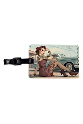 Rockabilly Retro 50's Pin-Up Girl With Tattoos Faux Leather Travel Luggage Tag
