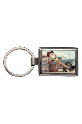 Rockabilly Retro 50's Pin-Up Girl With Tattoos Metal Rectangle Keychain
