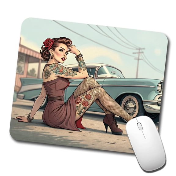 Rockabilly Retro 50's Pin-Up Girl With Tattoos Mouse Pad Low Profile Gaming Mat