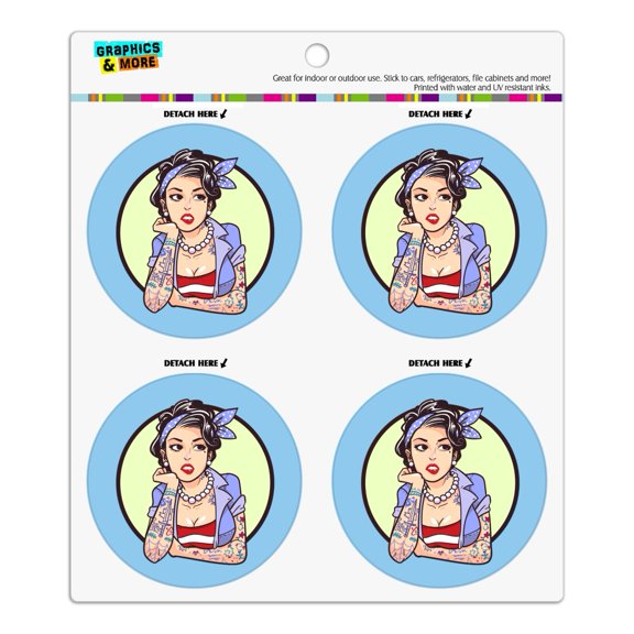 Rockabilly Retro Pin Up Girl With Tattoos Refrigerator Fridge Locker Vinyl Circle Magnet Set
