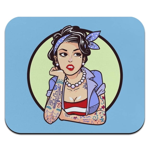Rockabilly Retro Pin Up Girl with Tattoos Low Profile Thin Mouse Pad Mousepad