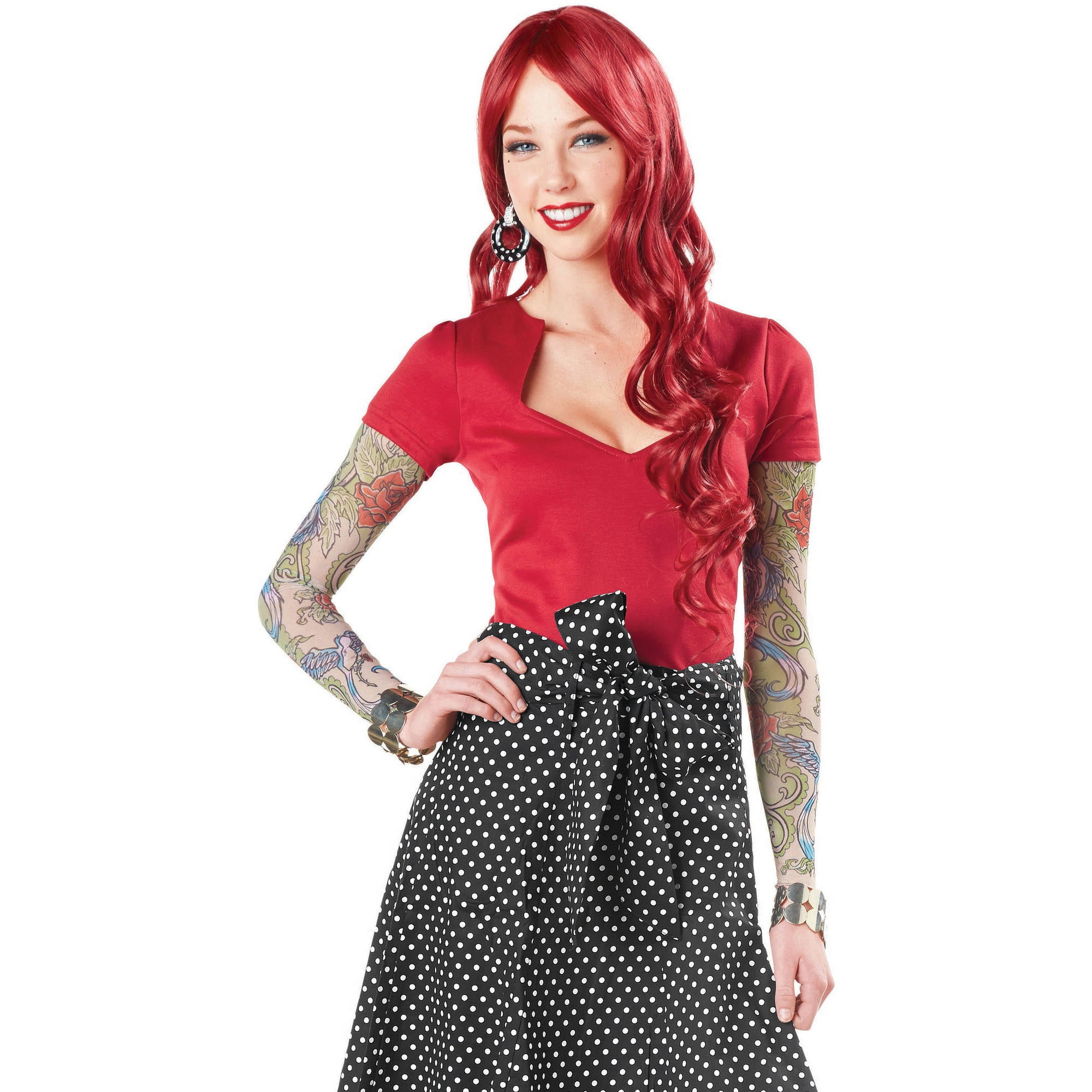 Rockabilly Retro Pin-Up Swallow Bird And Rose Realistic-Look Tattoo Sleeves  Adult Halloween Costume Accessory 