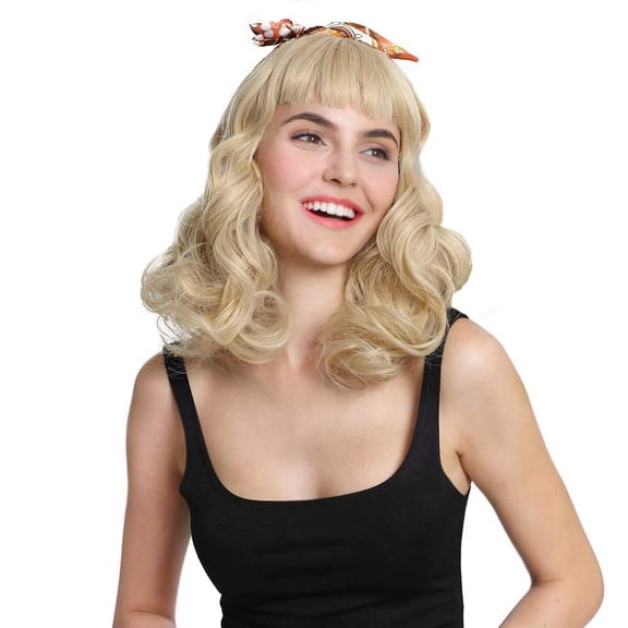 Rockabilly Vintage Wig Audrey Hepbum Short Bang Wig Long Finger Wavy Wigs for Women (Blonde) Blonde