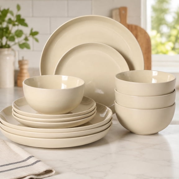 Rockaway 12-Piece Dinnerware Set for 4, Matte Glaze Plates and Bowls, Warm Cream, Dishwasher & Microwave Safe