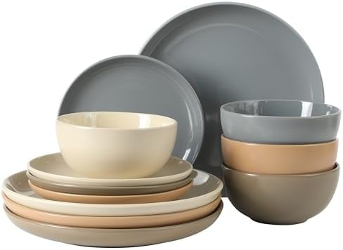 Rockaway 12 Piece Plates and Bowls Matte Outside/Shiny Inside Glaze Service for 4 Dinnerware Set - Assorted Color (Cream, Blue, Beige, Brown) - Dishwasher and Microwave Safe