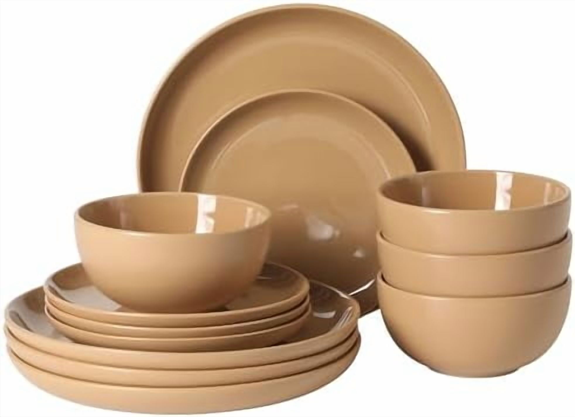 Rockaway 12-Piece Round Stoneware Dinnerware Set, Service for 4 – Beige Plates and Bowls, Modern Matte Finish, Microwave & Dishwasher Safe