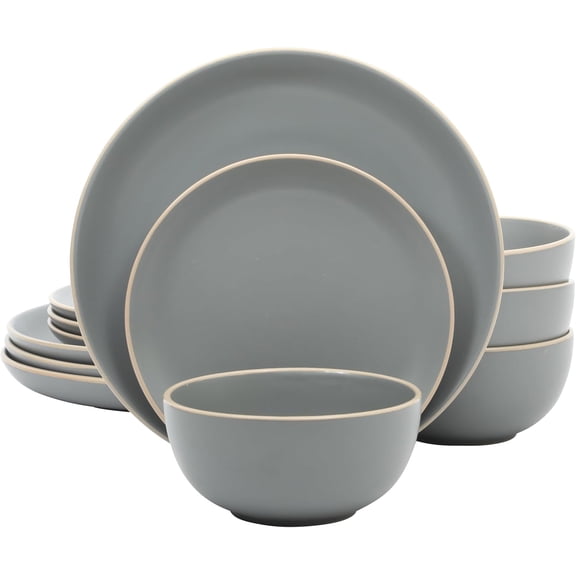 Rockaway 12-Piece Stoneware Dinnerware Set, Matte Finish, Service for 4, Modern Ceramic Plates and Bowls, Microwave & Dishwasher Safe  Soft Gray - Service for 4