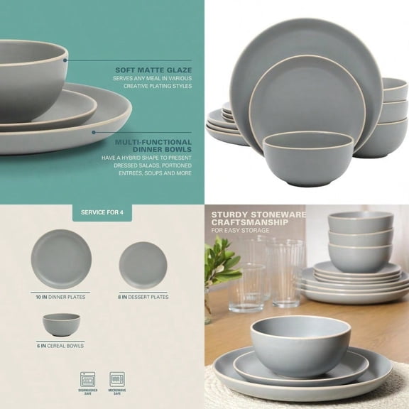 Rockaway 12-Piece Stoneware Dinnerware Set Matte Finish Service for 4 Modern Ceramic Plates and Bowls Microwave Dishwasher Safe Soft Gray - Service for 4