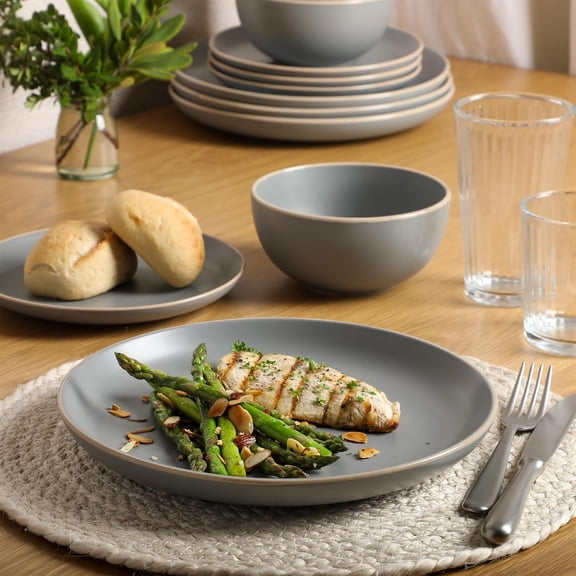Rockaway 12-Piece Stoneware Dinnerware Set, Matte Finish, Service for 4, Modern Ceramic Plates and Bowls, Microwave & Dishwasher Safe Soft Gray