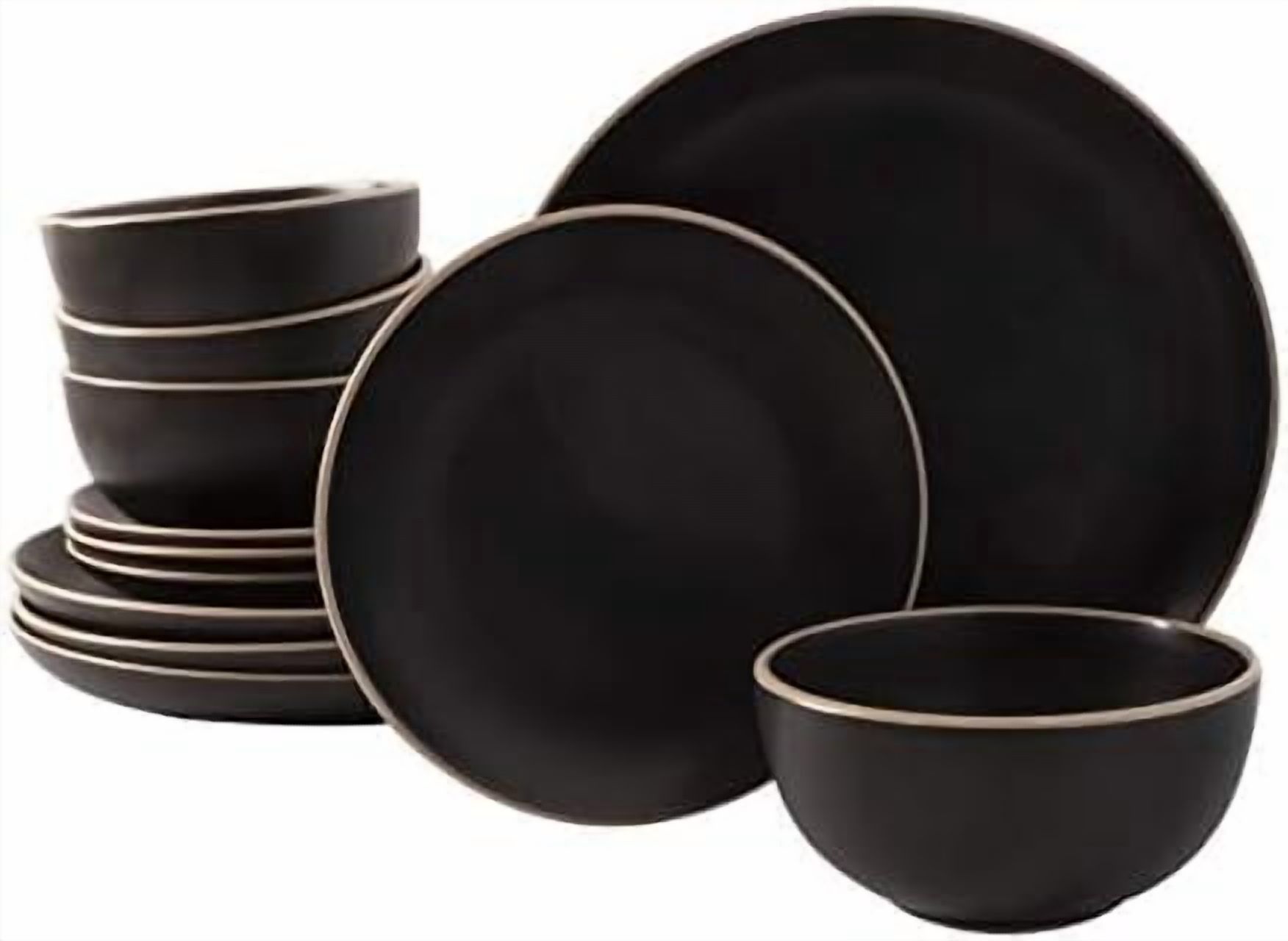 Rockaway 12-Piece Stoneware Dinnerware Set, Service for 4 – Modern Round Plates and Bowls, Dishwasher & Microwave Safe, Black