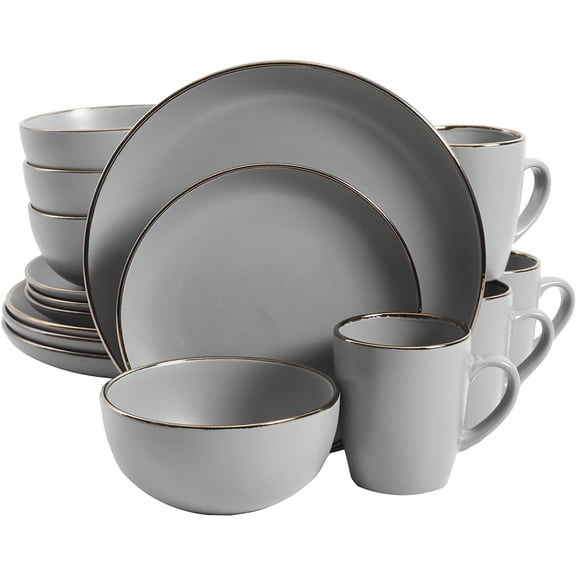 Rockaway 16-Piece Round Stoneware Dinnerware Set, Service for 4 Grey with Gold Rim Plates and Bowls, Microwave & Dishwasher Safe