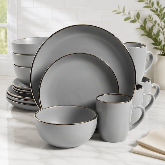 Rockaway 16-Piece Round Stoneware Dinnerware Set for 4, Grey with Gold Rim Plates and Bowls, Microwave & Dishwasher Safe