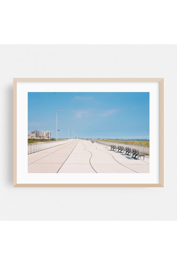 Rockaway Boardwalk 01 - Queens New York Photography Boardwalk Coastal Minimalist Architecture Skyline Summer Oak Framed Wall Art Print 5 x 7 inches