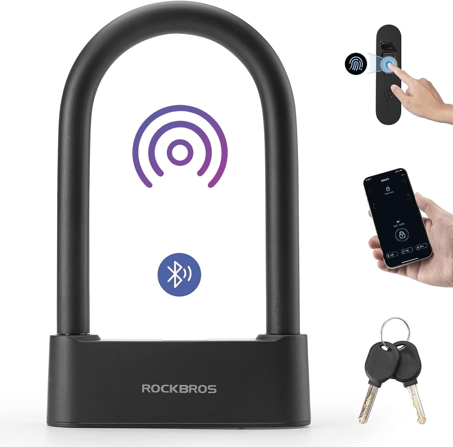 Rockbros Heavy Duty Smart Remote Bike U Lock Fingerprint Bicycle Locks, Black