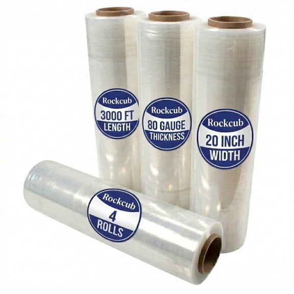 Rockcub 20" x 3,000ft Industrial Stretch Film,  80 Gauge, 4-Roll Bulk Pack (44 lbs Net Weight)