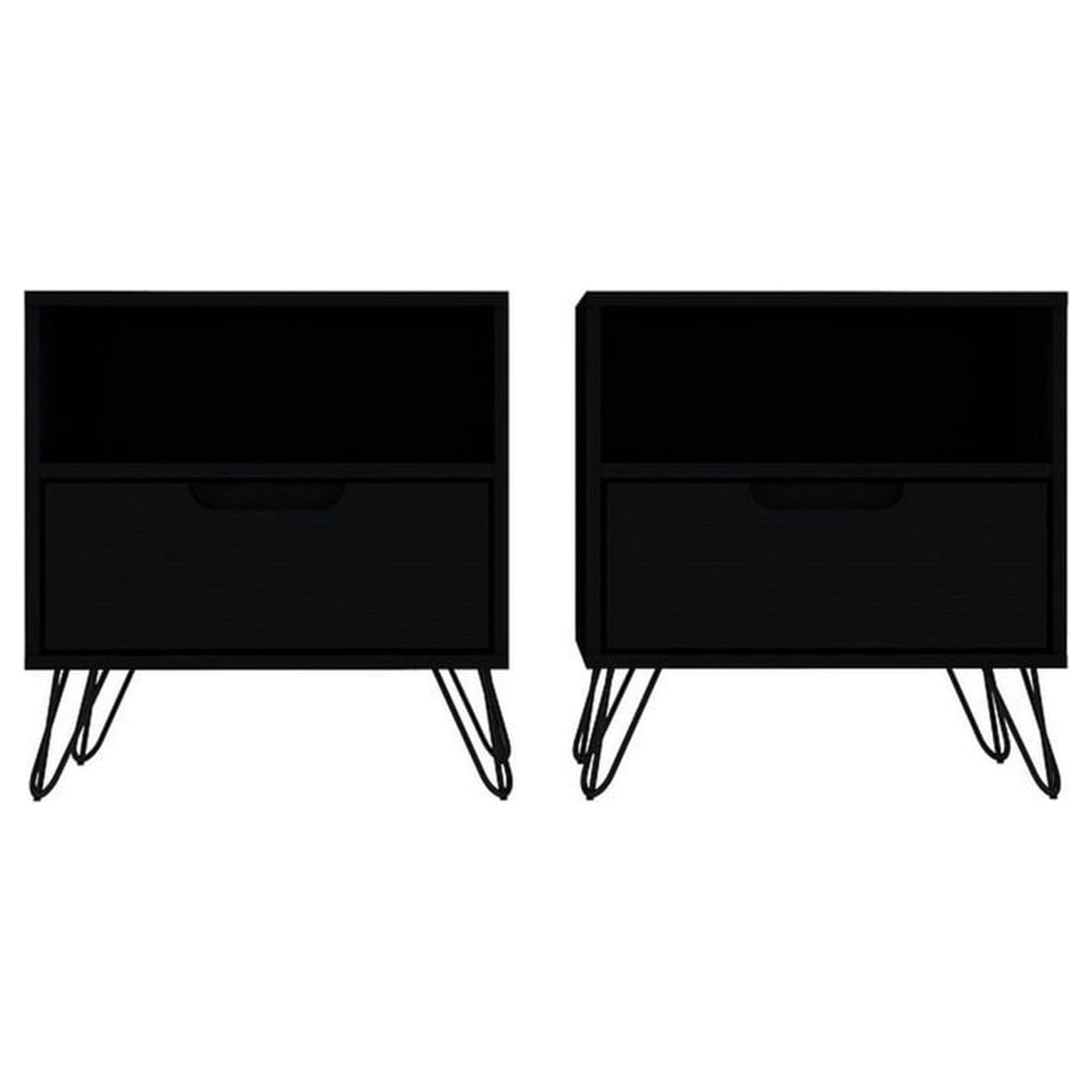 Rockefeller Black MDF 1-Drawer Nightstands with Metal Legs, Set of 2