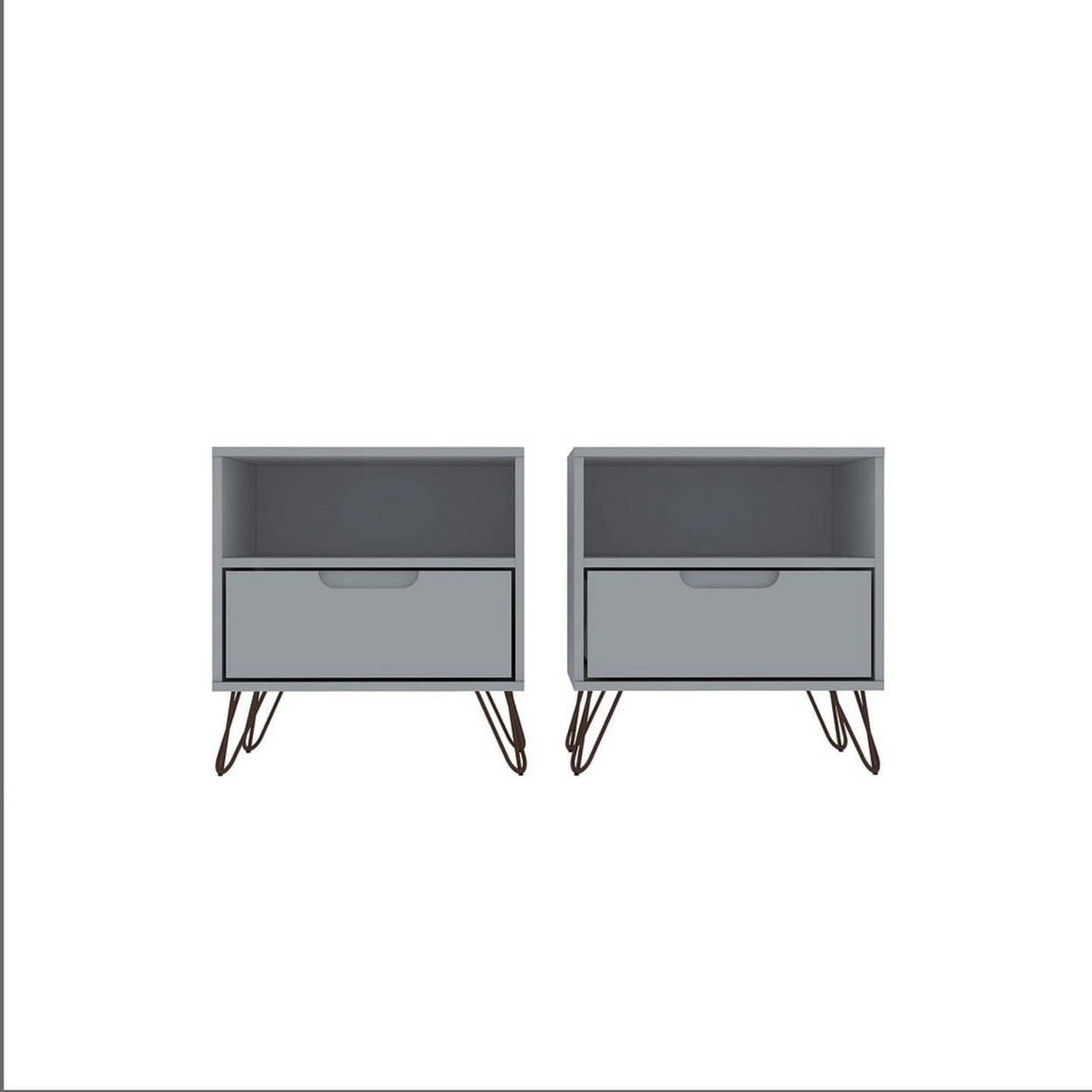 Set of 2 Gray 1-Drawer Nightstands with Hairpin Legs