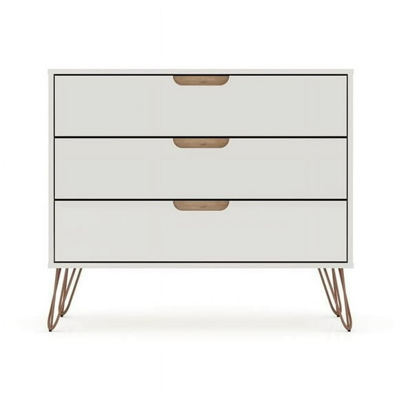 Rockefeller Mid-Century-Modern Dresser with 3- Drawers in Off White & Nature, 28.86 x 35.24 x 17.52 in.
