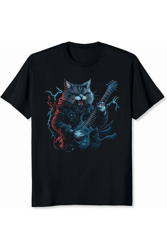 Rocker Cat Playing Electric Guitar Men Gift for Cat Dad Short Sleeve Graphic T-Shirt