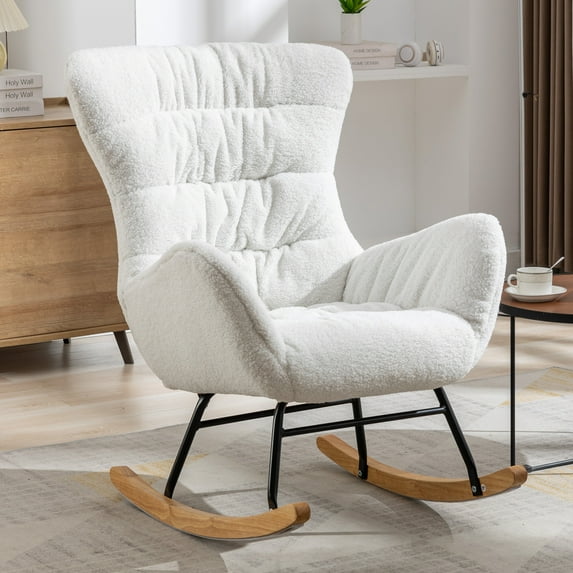 Rocker Glider Chair for Nursery, Teddy Fabric Glider Rocker with High Backrest, Modern Rocking Accent Chairs for Nursery, Living Room, Bedroom (Ivory)