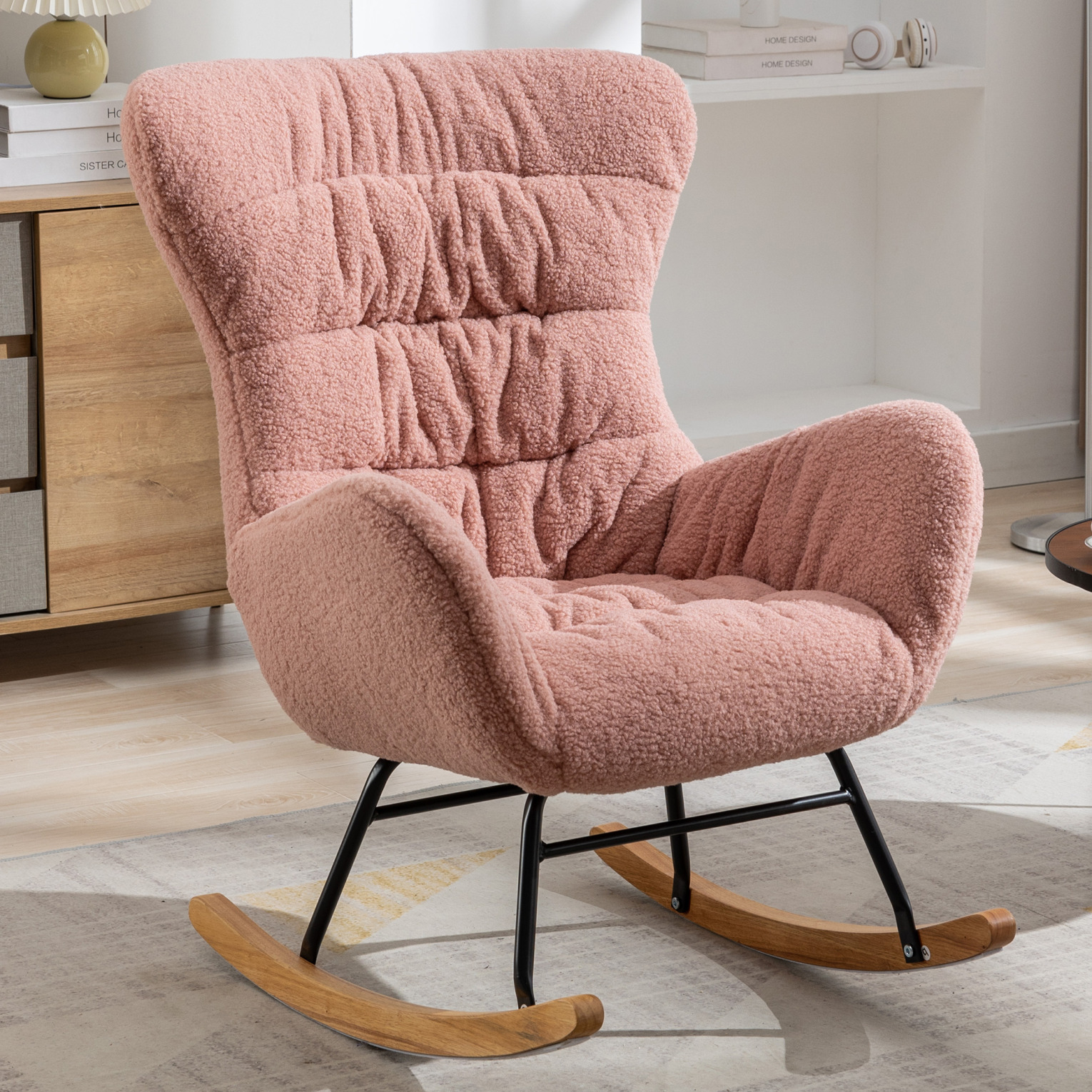 Rocker Glider Chair for Nursery, Teddy Fabric Glider Rocker with High