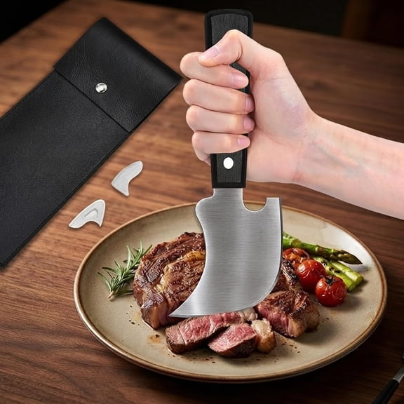 Rocker Knife, One Handed Adaptive Equipment with Leather Sheath & Tip Cover | One-handed Steak Rocker Knife for Disabled, Curved Cuts Food in Cans & Bowls, Ideal for Arthritis, Hand Tremors & Parkins