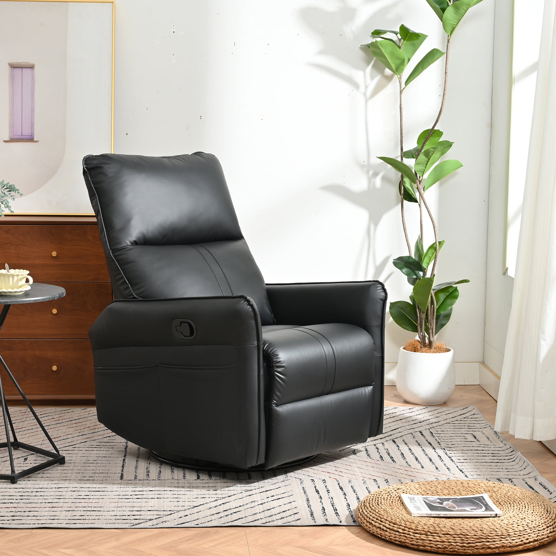 Rocker Recliner Chair with 360° Swivel, Small Modern Glider Recliner with Side Pocket, Swivel Rocking Chair for Nursery, Bedroom, Living Room or Home Theater, Black