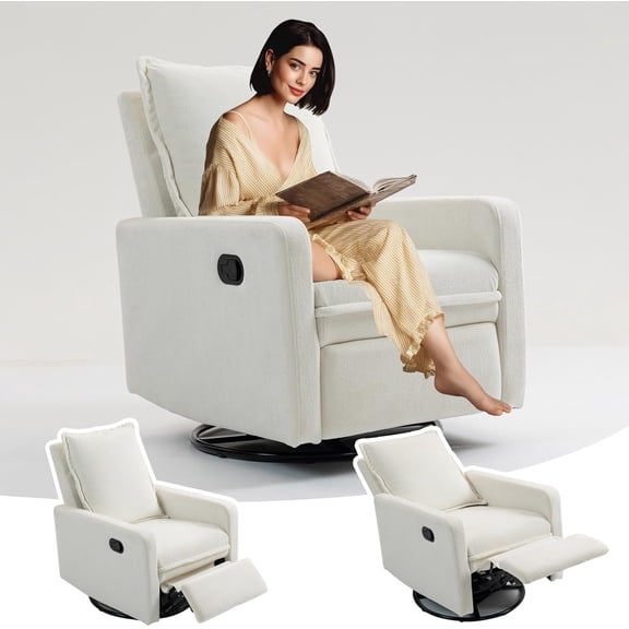 Rocker Recliner Chair for Adults, Swivel Rocker Recliner Chairs with Armrests, Glider Recliner Nursery Chair with Black Metal Base, Small Recliners for Small Spaces, Living Room (White)